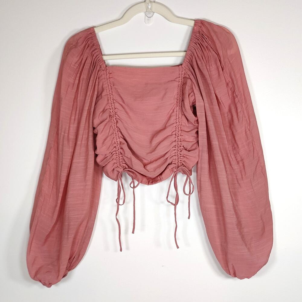 Blush Pink Ruched Peasant Top Puff Sleeve‎ Boho Crop M Fairycore Milkmaid
